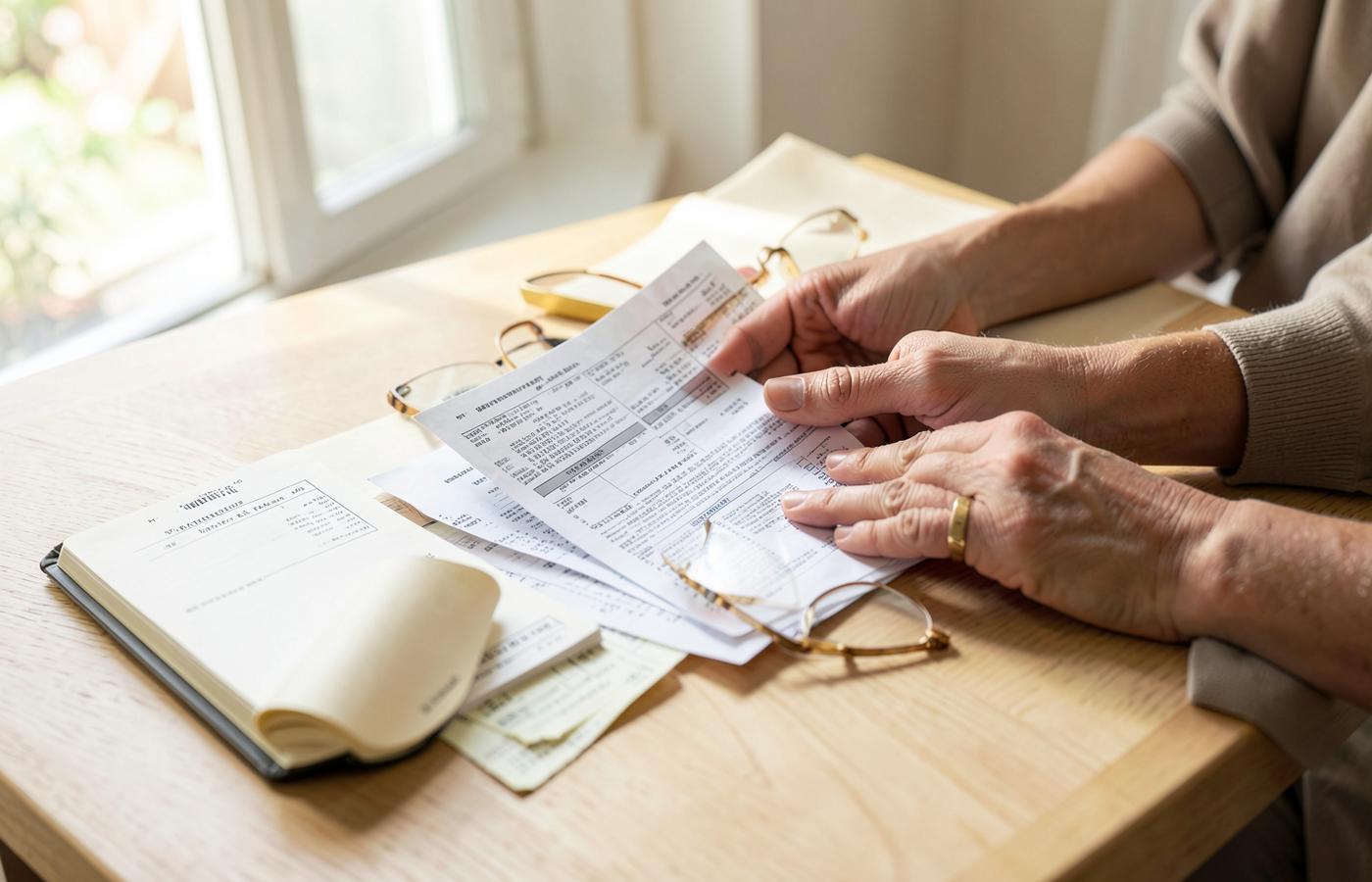 Hands sorting tax documents and receipts on a table